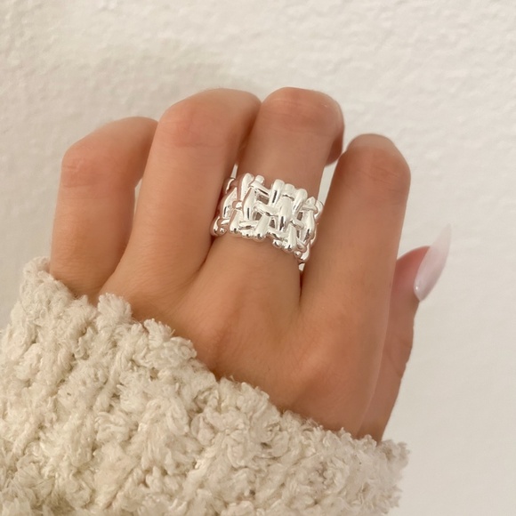 925 Sterling Silver Chunky Bold Statement Ring Thick Wide Ring Woven Ring Band - Picture 2 of 9